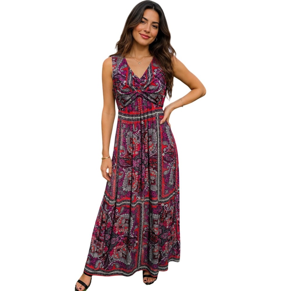 Chicos Red Purple Paisley Maxi Dress Sleeveless V-Neck Knot Front Size 1 Medium
